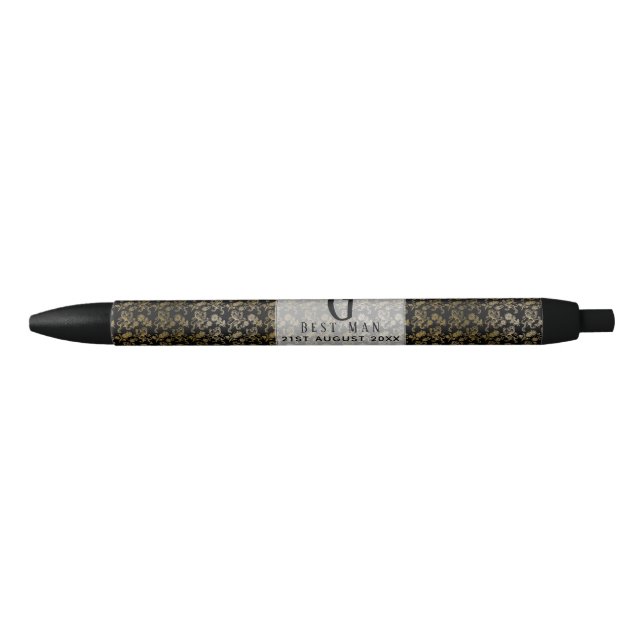 Monogram Best Man Groomsmen Black Gold Damask Black Ink Pen (Front)