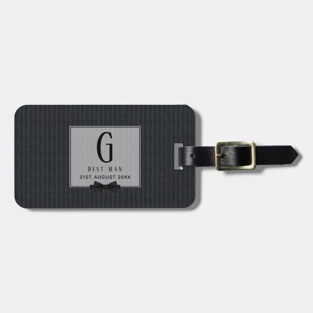 Monogram BEST MAN Groomsmen Groomsman PinStripes Luggage Tag (Front Horizontal)