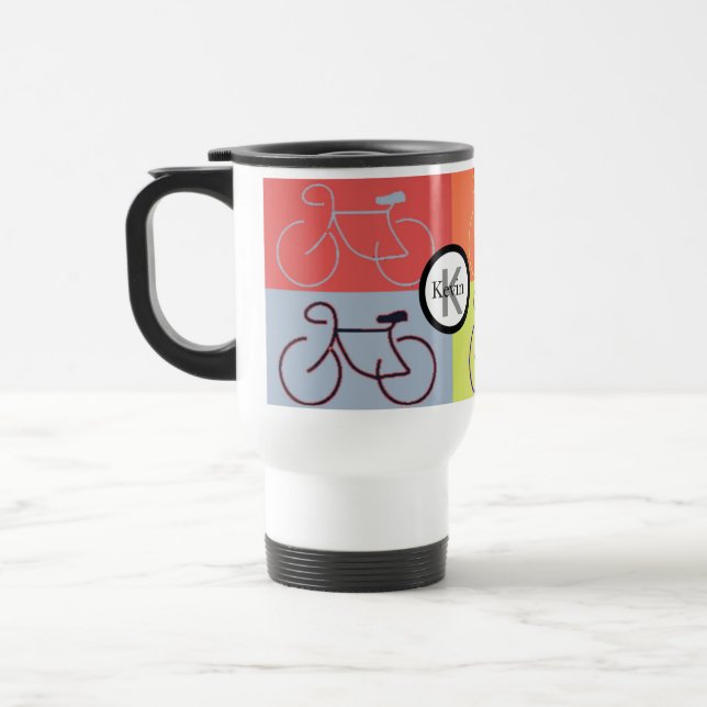 Monogram Bike Squares Red, Orange, Grey and Green Travel Mug (Left)