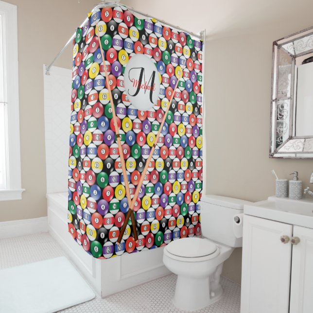 Monogram Billiard Pool Ball Design Shower Curtain (In Situ)