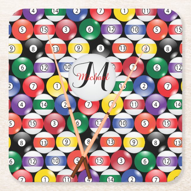 Monogram Billiard Pool Ball Design Square Paper Coaster (Front)