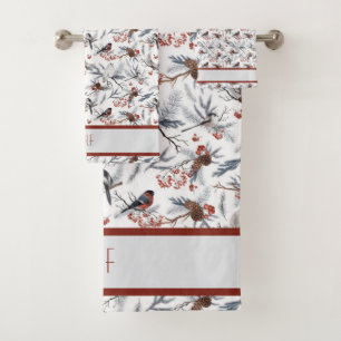 Monogram Bird White Grey Silver Branch Red Berries Bath Towel Set