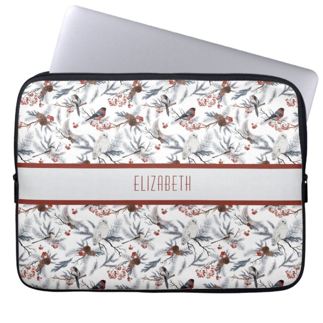 Monogram Bird White Grey Silver Branch Red Berries Laptop Sleeve (Front)
