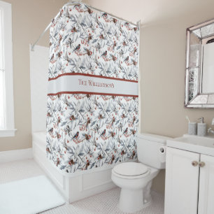 Monogram Bird White Grey Silver Branch Red Berries Shower Curtain