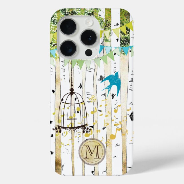 Monogram Birdcage Cute Bird Birch Tree iPhone Case (Back)