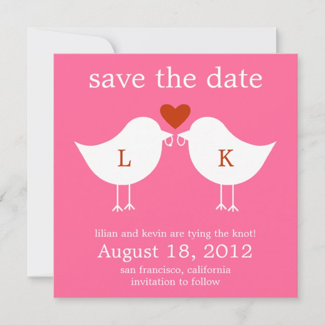 Monogram Birds Save The Date Card - Hot Pink (Front)