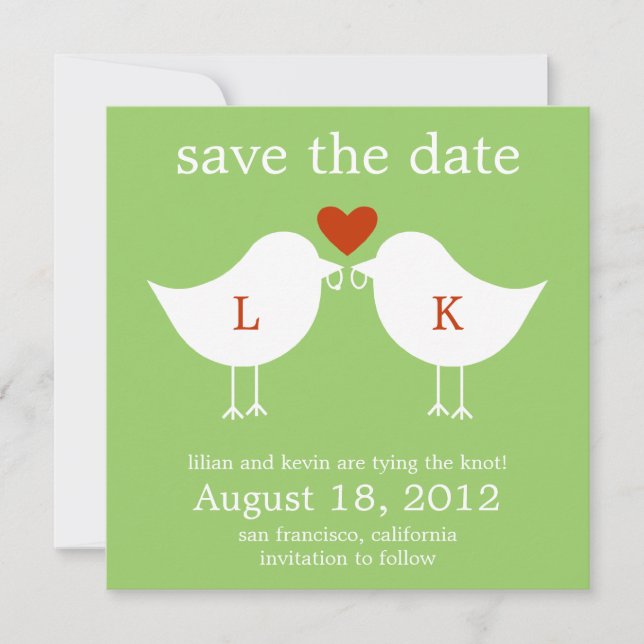Monogram Birds Save The Date Card - Lime (Front)
