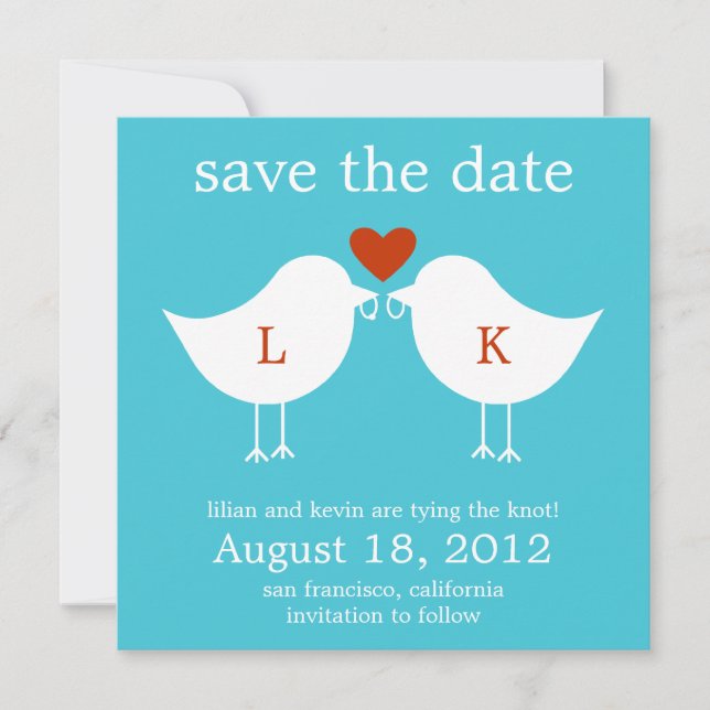 Monogram Birds Save The Date Card - Turquoise (Front)