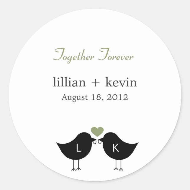 Monogram Birds Wedding Favour Sticker - Sage (Front)