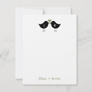 Monogram Birds Wedding Flat Thank You Card - Sage