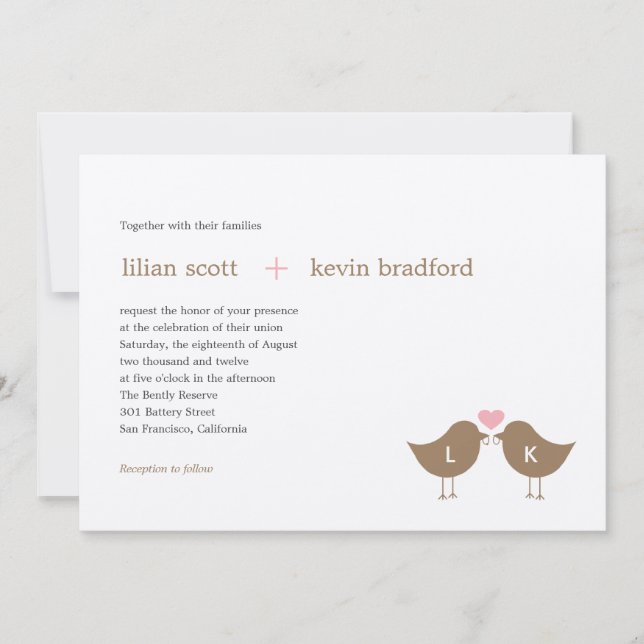 Monogram Birds Wedding Invitation - Latte (Front)