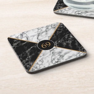 Monogram Birthday Coaster Black White Marble