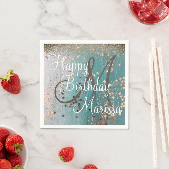Monogram Birthday Gold Stars on Teal Napkins (Insitu)