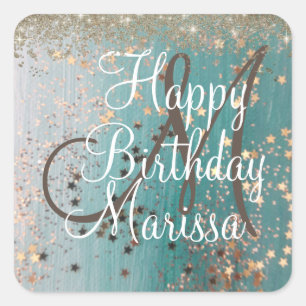 Monogram Birthday Gold Stars on Teal   Square Sticker