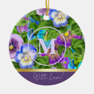 Monogram Birthday Pansy Violet Flowers Watercolor Ceramic Tree Decoration