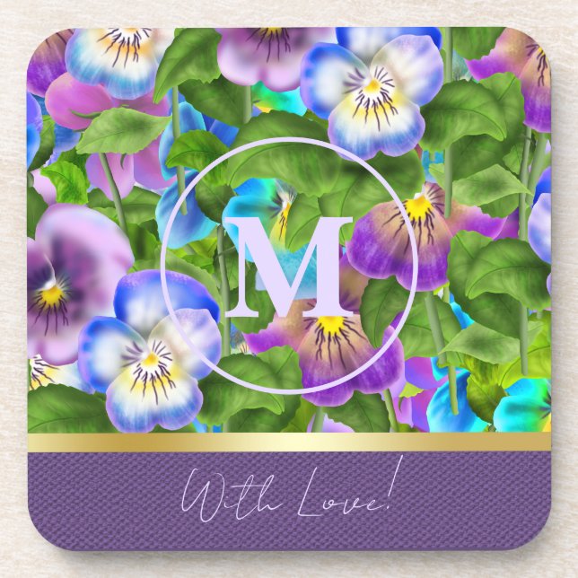 Monogram Birthday Pansy Violet Flowers Watercolor Coaster (Front)