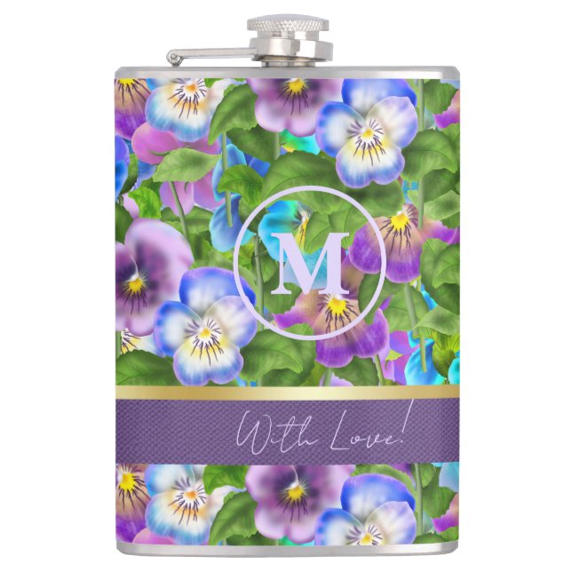 Monogram Birthday Pansy Violet Flowers Watercolor Hip Flask (Front)
