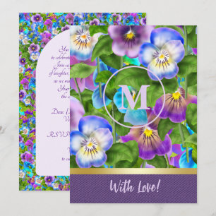 Monogram Birthday Pansy Violet Flowers Watercolor Invitation