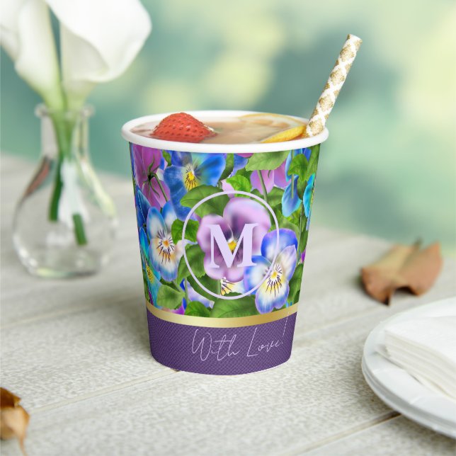 Monogram Birthday Pansy Violet Flowers Watercolor Paper Cups (Insitu)