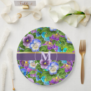 Monogram Birthday Pansy Violet Flowers Watercolor Paper Plate