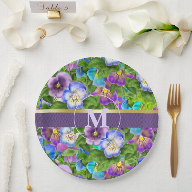 Monogram Birthday Pansy Violet Flowers Watercolor Paper Plate (Wedding)