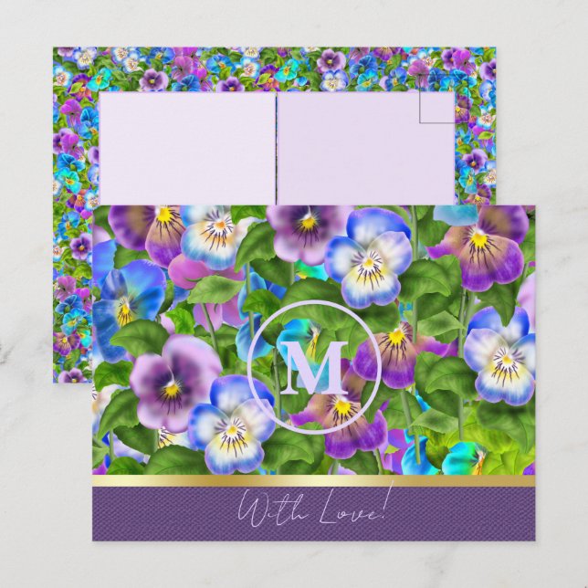Monogram Birthday Pansy Violet Flowers Watercolor Postcard (Front/Back)