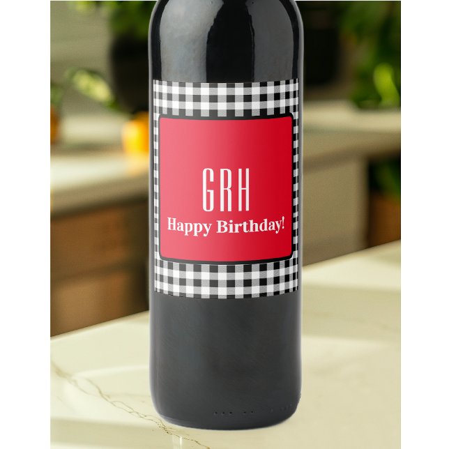 Monogram Birthday, Red Accent Buffalo Check (6) Wine Label (Creator Uploaded)