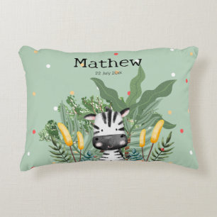 Monogram Birthday Zebra and jungle l Nursery Green Decorative Cushion