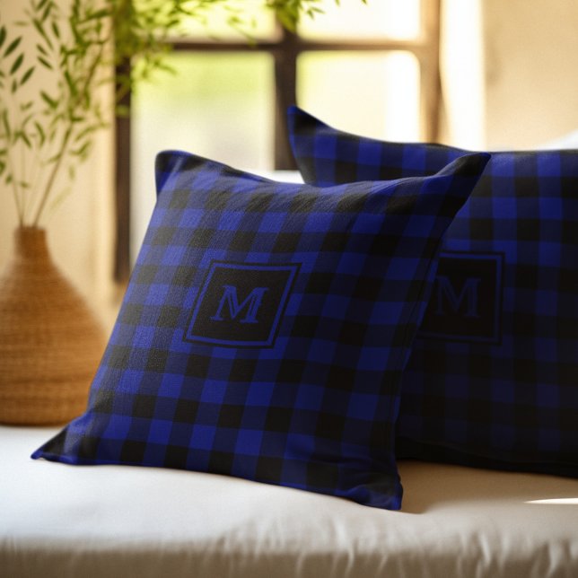 Monogram Black and Blue Buffalo Plaid Cushion (Creator Uploaded)