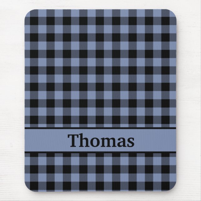 Monogram Black and Blue Plaid, Buffalo Plaid Mouse Mat (Front)