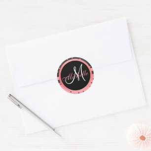 Monogram Black and Coral Polka Dot Classic Round Sticker
