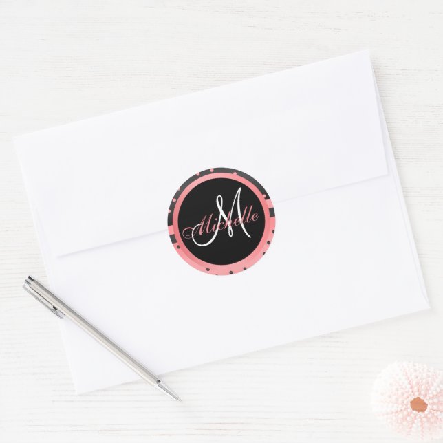 Monogram  Black and Coral Polka Dot Classic Round Sticker (Envelope)
