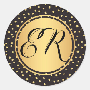 Monogram Black and gold brush strokes polka dots Classic Round Sticker