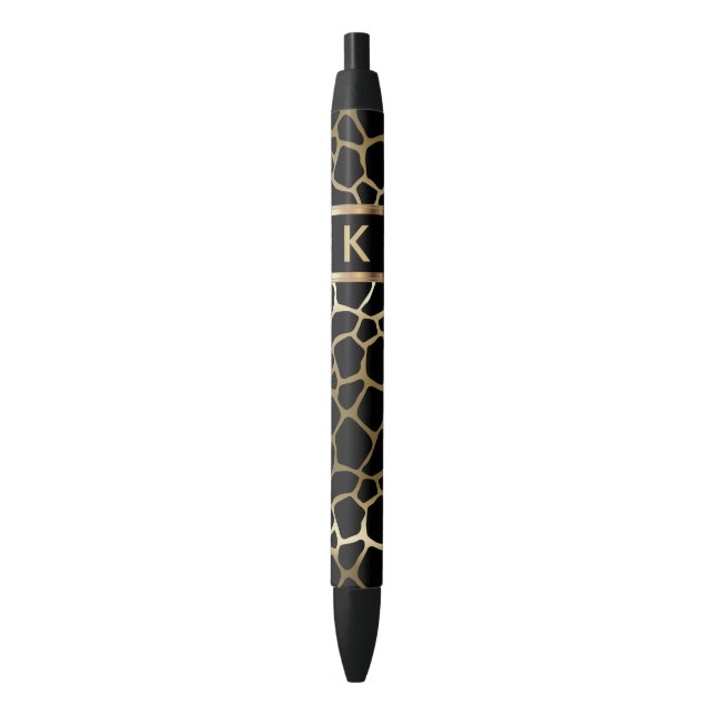 Monogram Black and Gold Giraffe Pattern Black Ink Pen (Front Vertical)