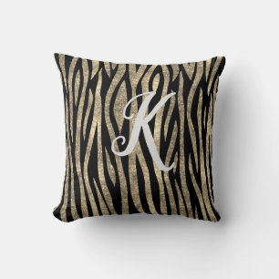 Monogram Black and Gold Glitter Zebra Print Cushion