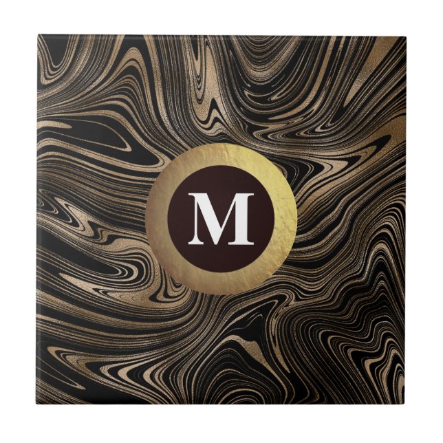 Monogram black and gold Marble  Tile (Front)