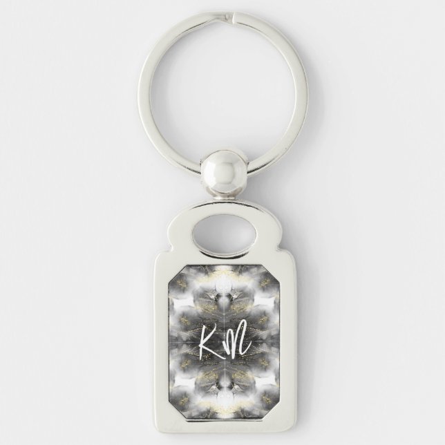 Monogram Black and Gold Pattern on White | Key Ring (Front)