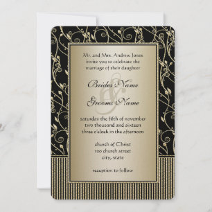 Monogram Black and Gold Swirl Wedding Invitation