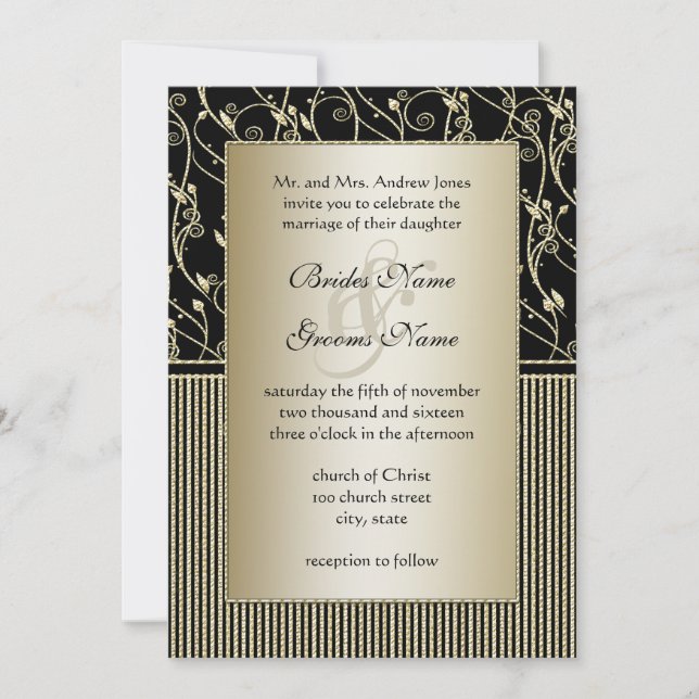 Monogram Black and Gold Swirl Wedding Invitation (Front)