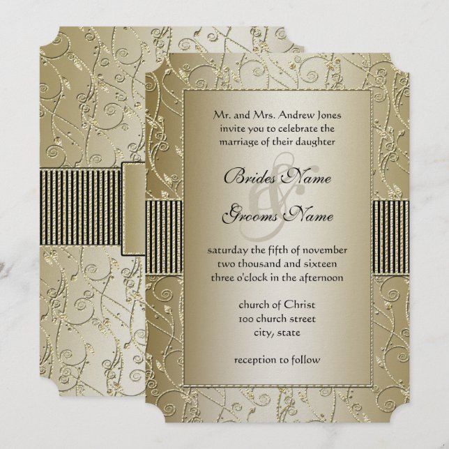 Monogram Black and Gold Swirl Wedding Invitation (Front/Back)