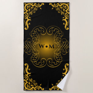 Monogram Black and Gold with decorative elements M Beach Towel