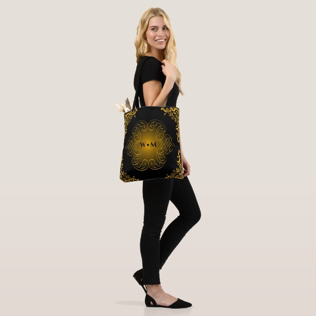 Monogram black and gold with embellishments tote bag (On Model)