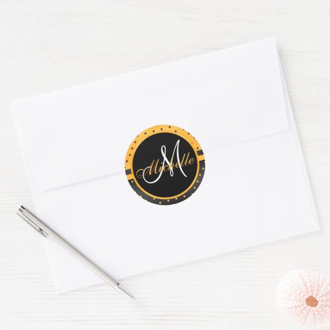 Monogram Black and Golden Yellow Polka Dots Classic Round Sticker (Envelope)