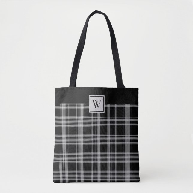 Monogram Black And Grey Plaid Pattern Tote Bag (Front)