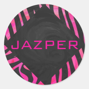 Monogram Black and Hot Pink Zebra Design Classic Round Sticker