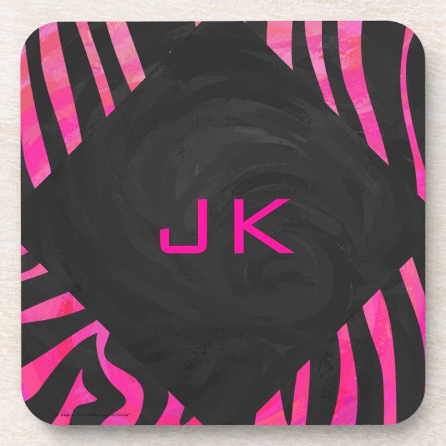 Monogram Black and Hot Pink Zebra Design Coaster (Front)