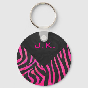 Monogram Black and Hot Pink Zebra Design Key Ring