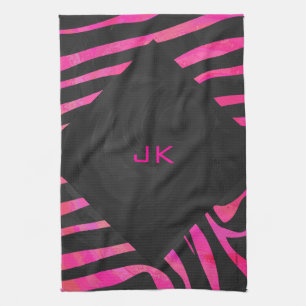 Monogram Black and Hot Pink Zebra Design Tea Towel