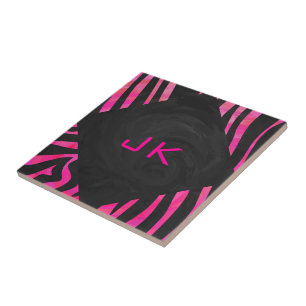 Monogram Black and Hot Pink Zebra Design Tile