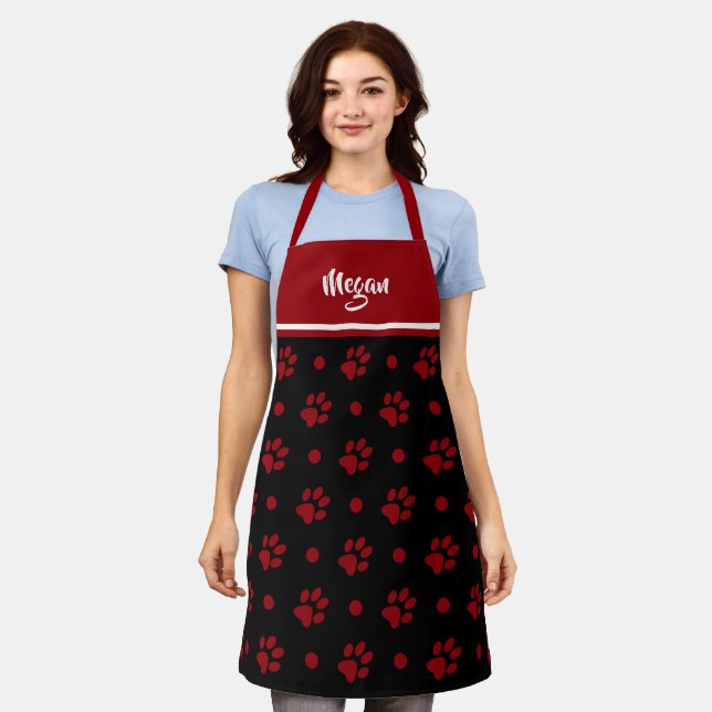 Monogram Black and Red Paw Prints and Polka Dots Apron (Worn)